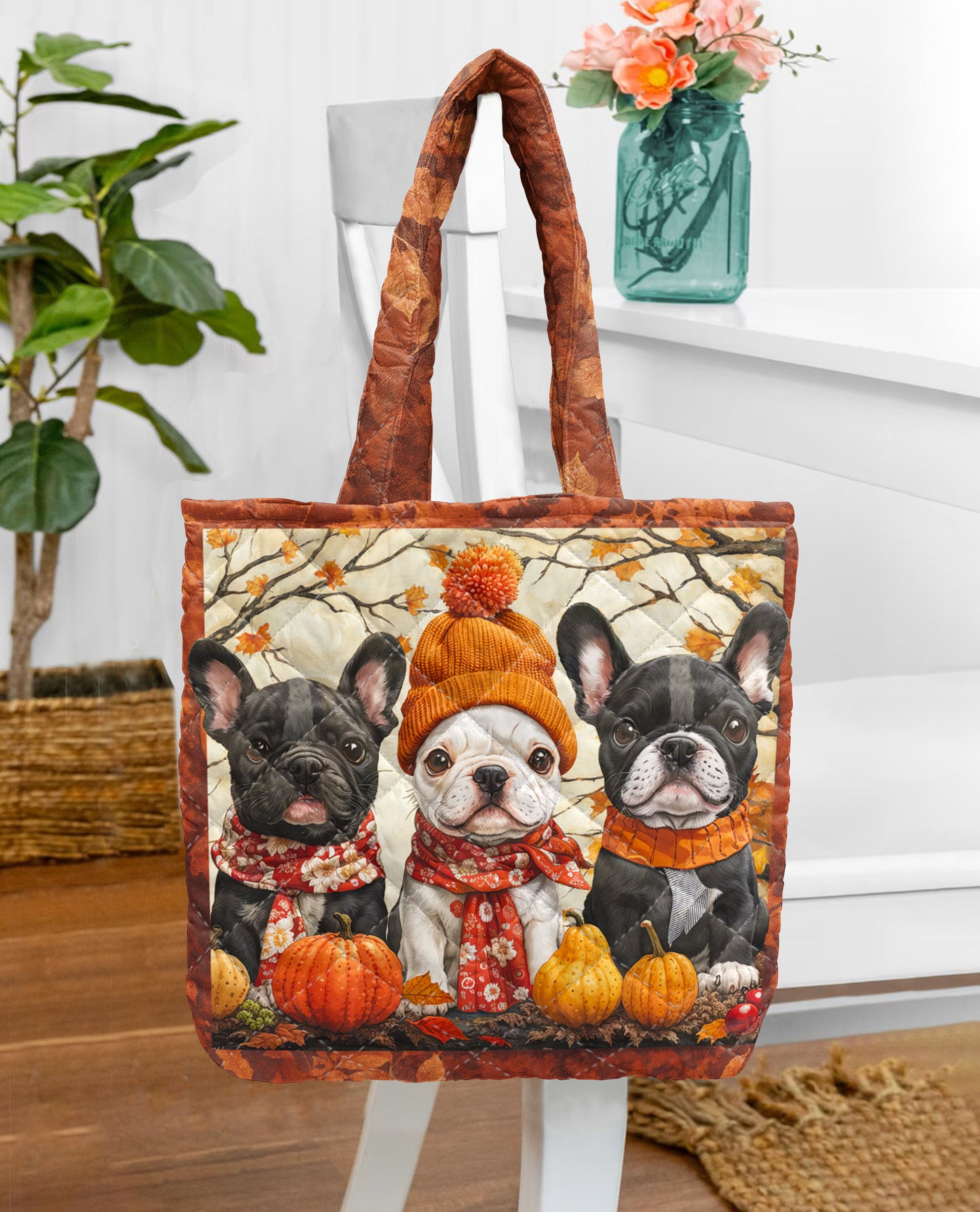 French Bulldog Quilted Tote Bag Frenchie Fall Vibes