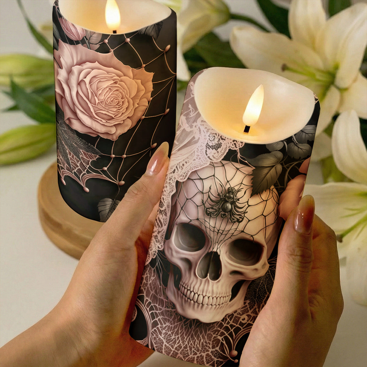 Gothic LED Candle Rose Beneath the Web