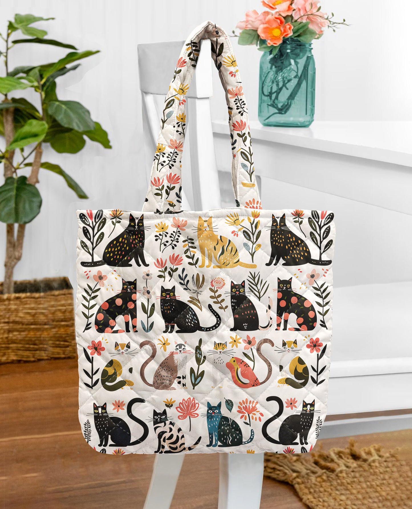 Cat Lover Quilted Tote Bag Botanical Cat Bliss