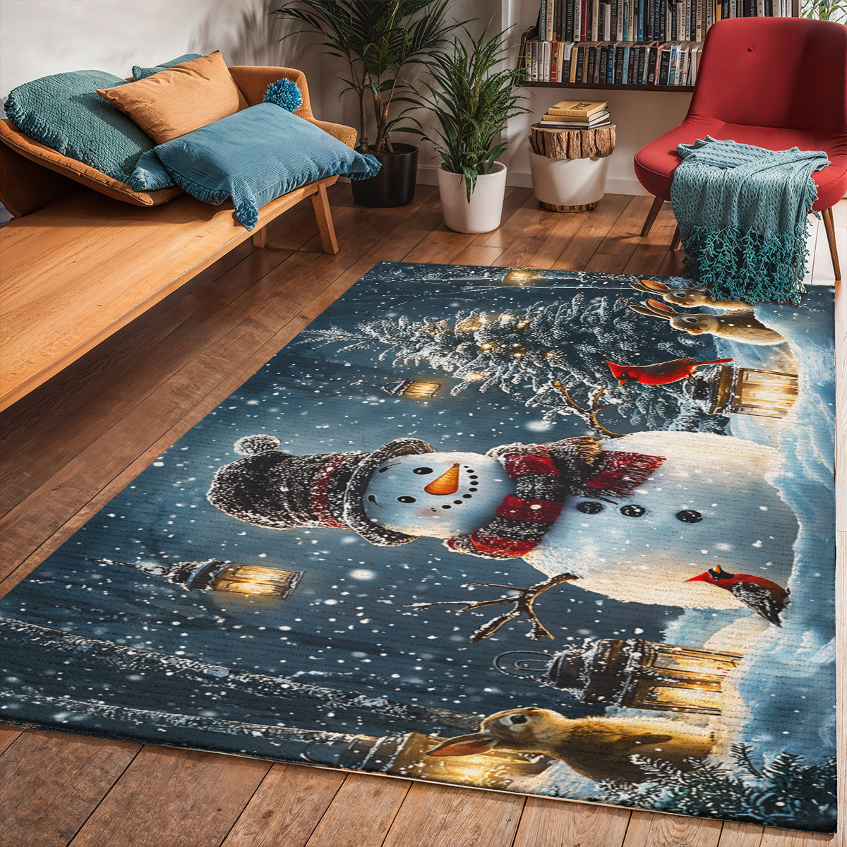 Christmas Area Rug Snowman and Forest Companions in a Lantern Lit Winter Scene