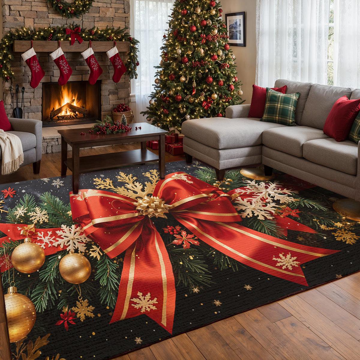 Christmas Area Rug Red Ribbon Magic Wrapped in Joy