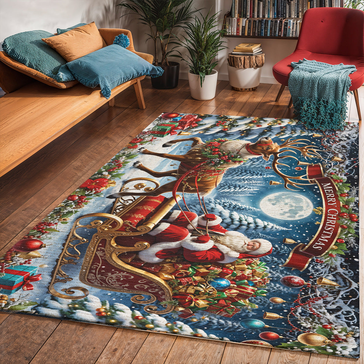 Christmas Area Rug Santa’s Sleigh Ride Spreading Cheer on a Winter’s Eve