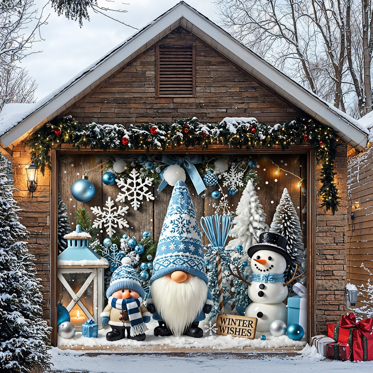 Christmas Garage Door Banner Decoration - Winter Wishes in a Gnome Wonderland