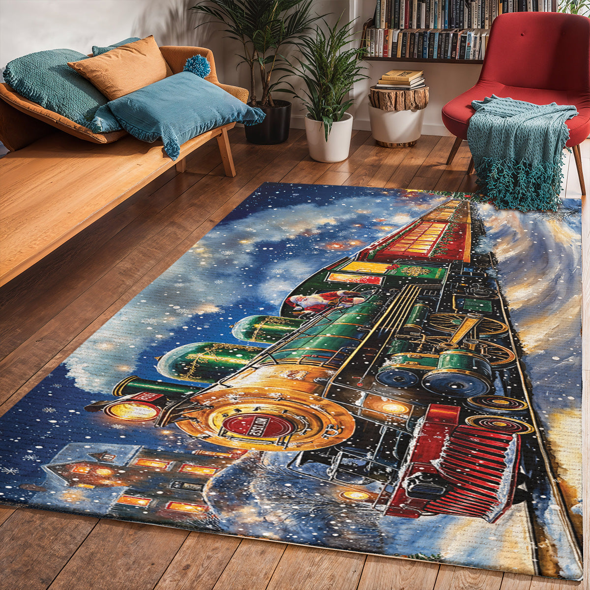 Christmas Area Rug Magical Holiday Express Santa’s Train Spreading Cheer