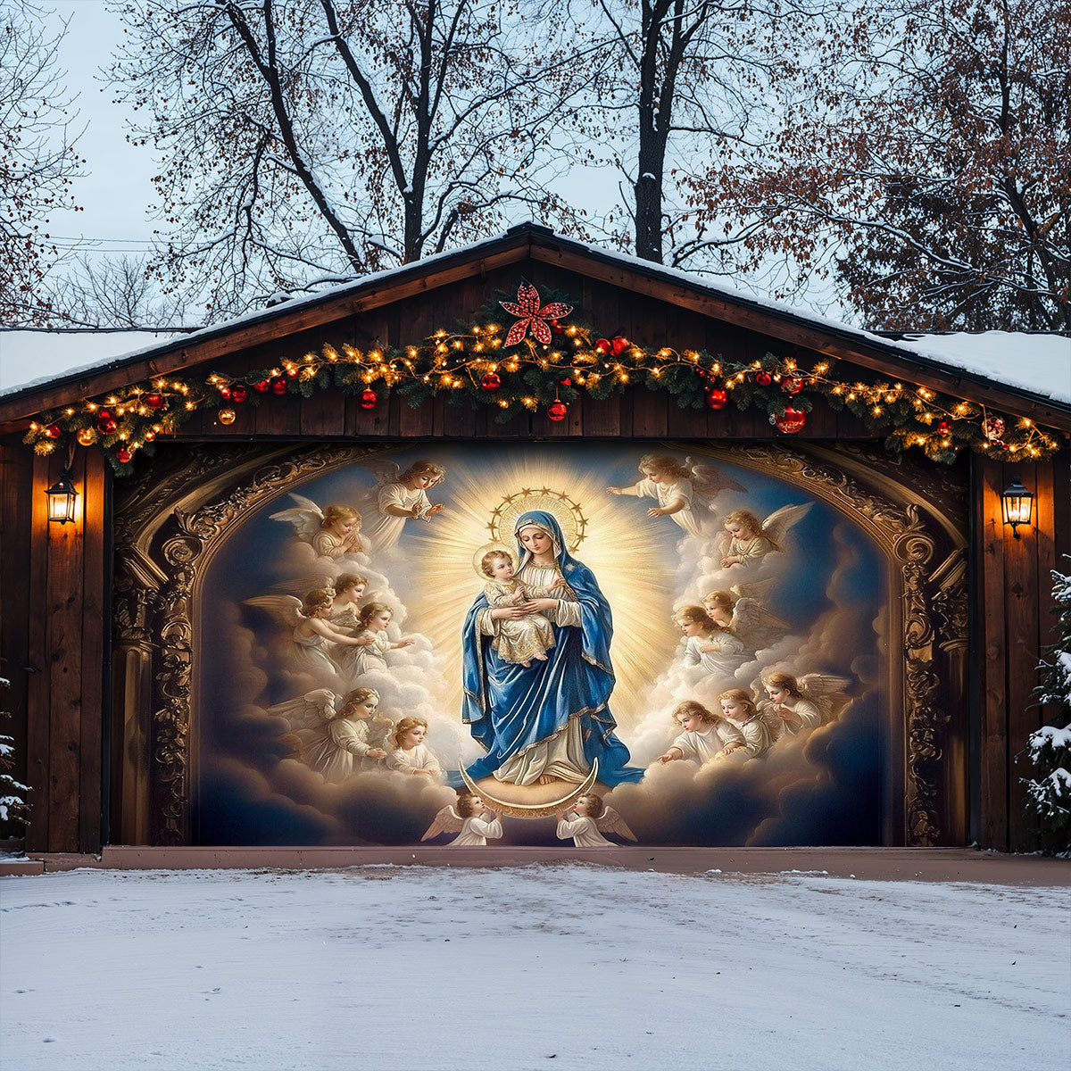 God Garage Door Banner Decoration - Mary and the Child Jesus in Heavenly Radiance