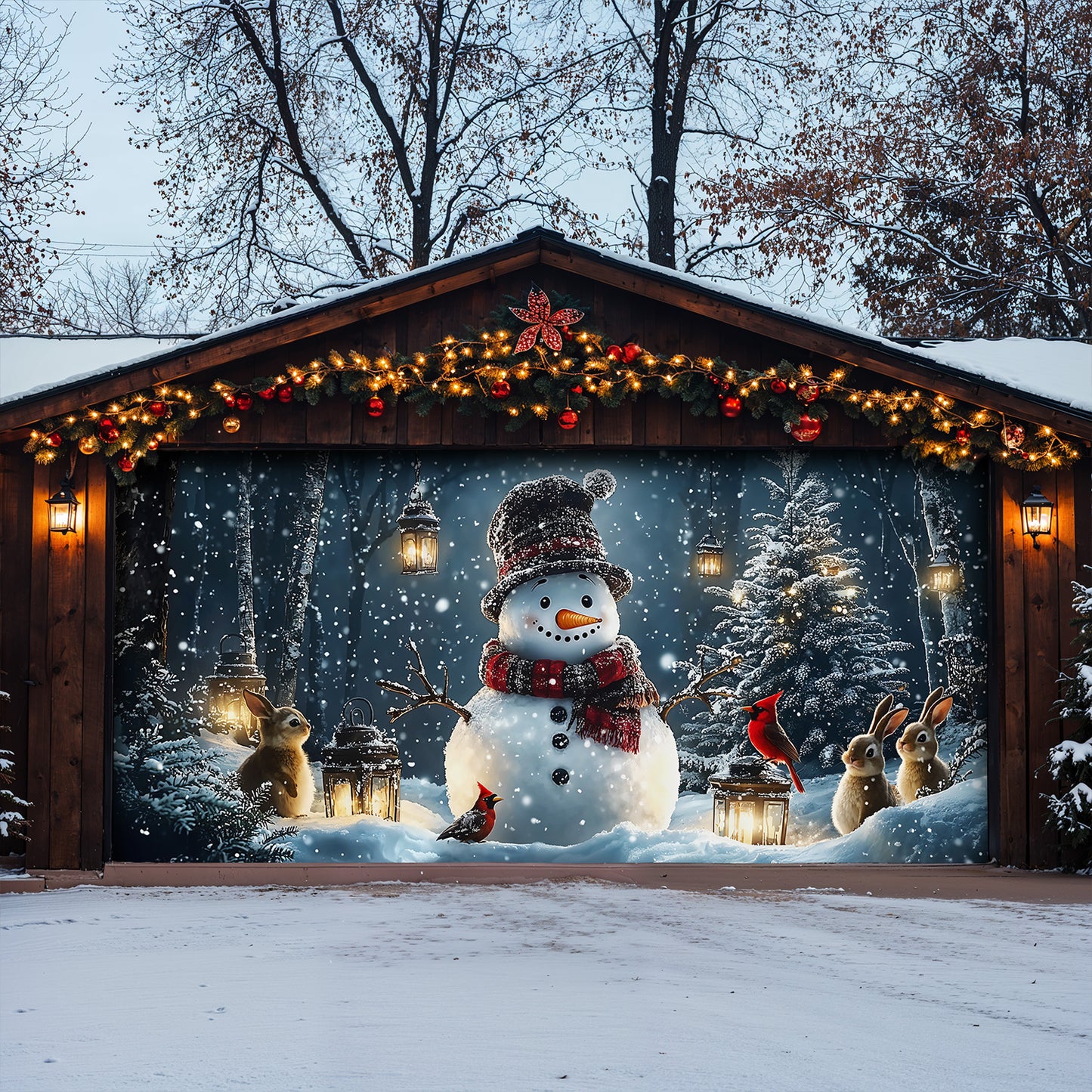 Christmas Garage Door Banner Decoration - Snowman and Forest Companions in a Lantern Lit Winter Scene