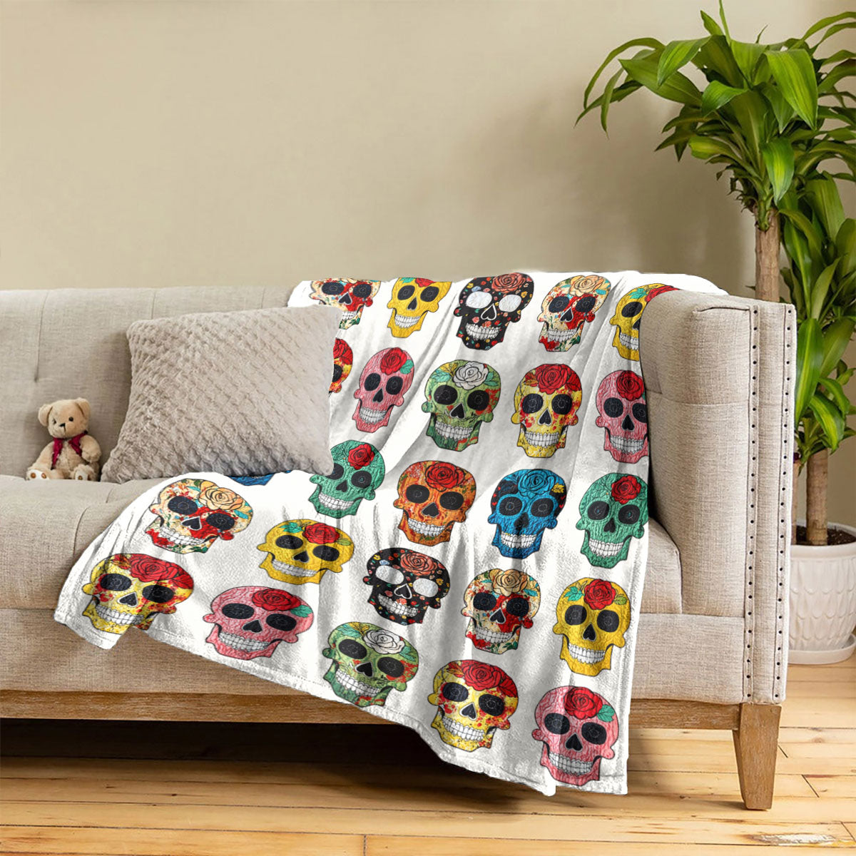 Skull Fleece Blanket Colorful Rose Sugar Skulls