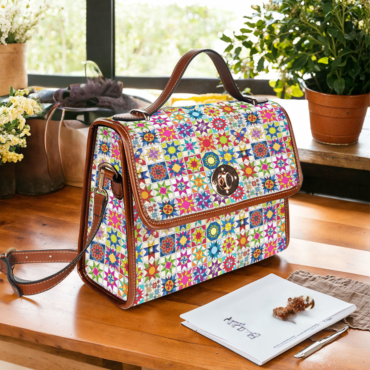 Sewing Lover Satchel Handbag Colorful Quilt Blocks