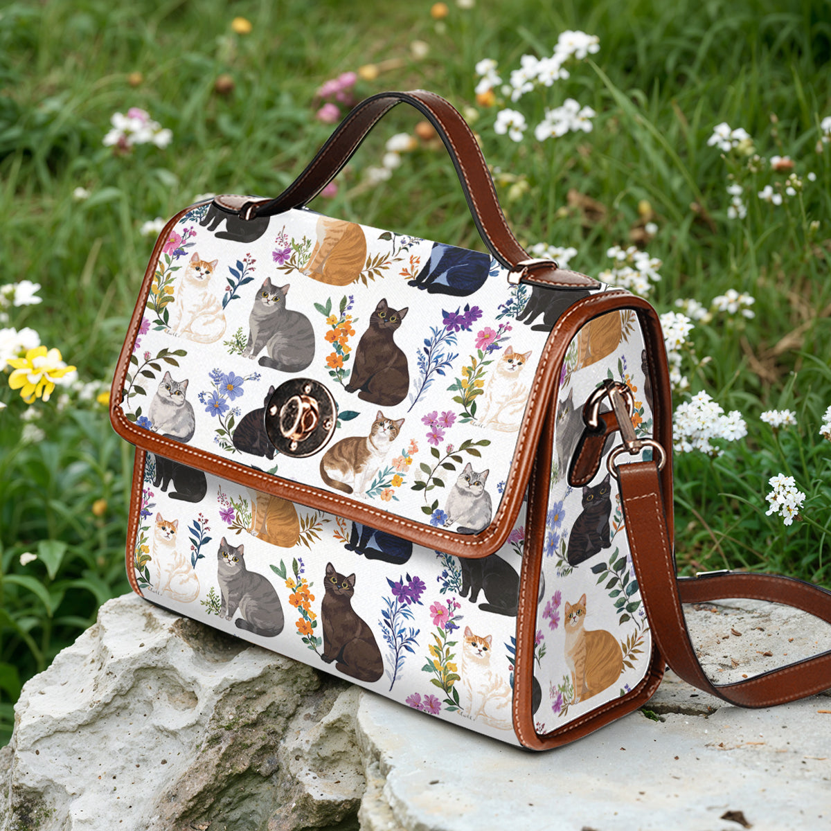 Cat Lover Satchel Handbag Charming Floral Cats