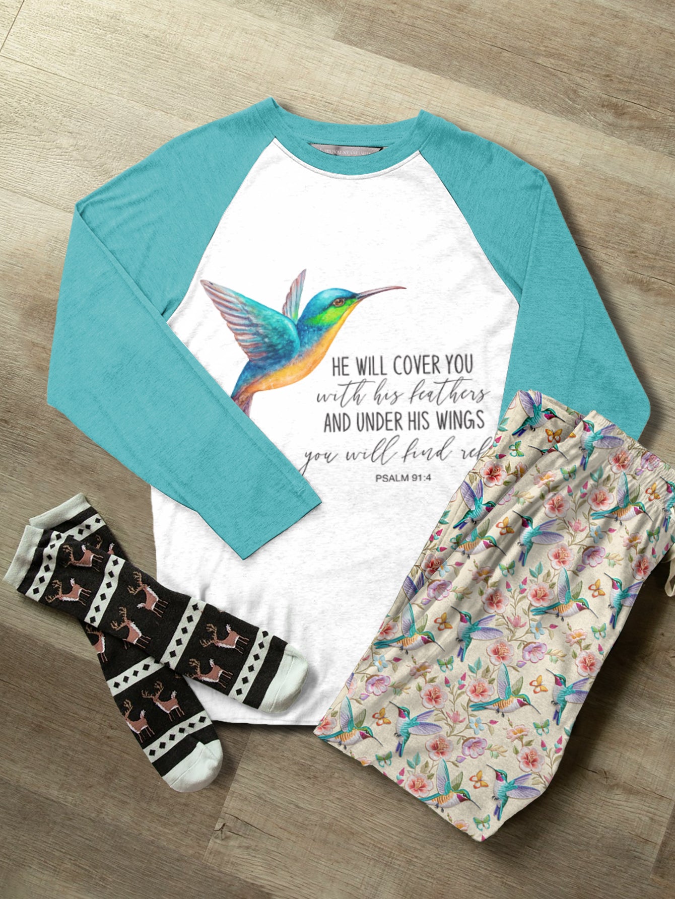 Hummingbird Raglan Lounge Pajamas He Will Cover You With His Feathers