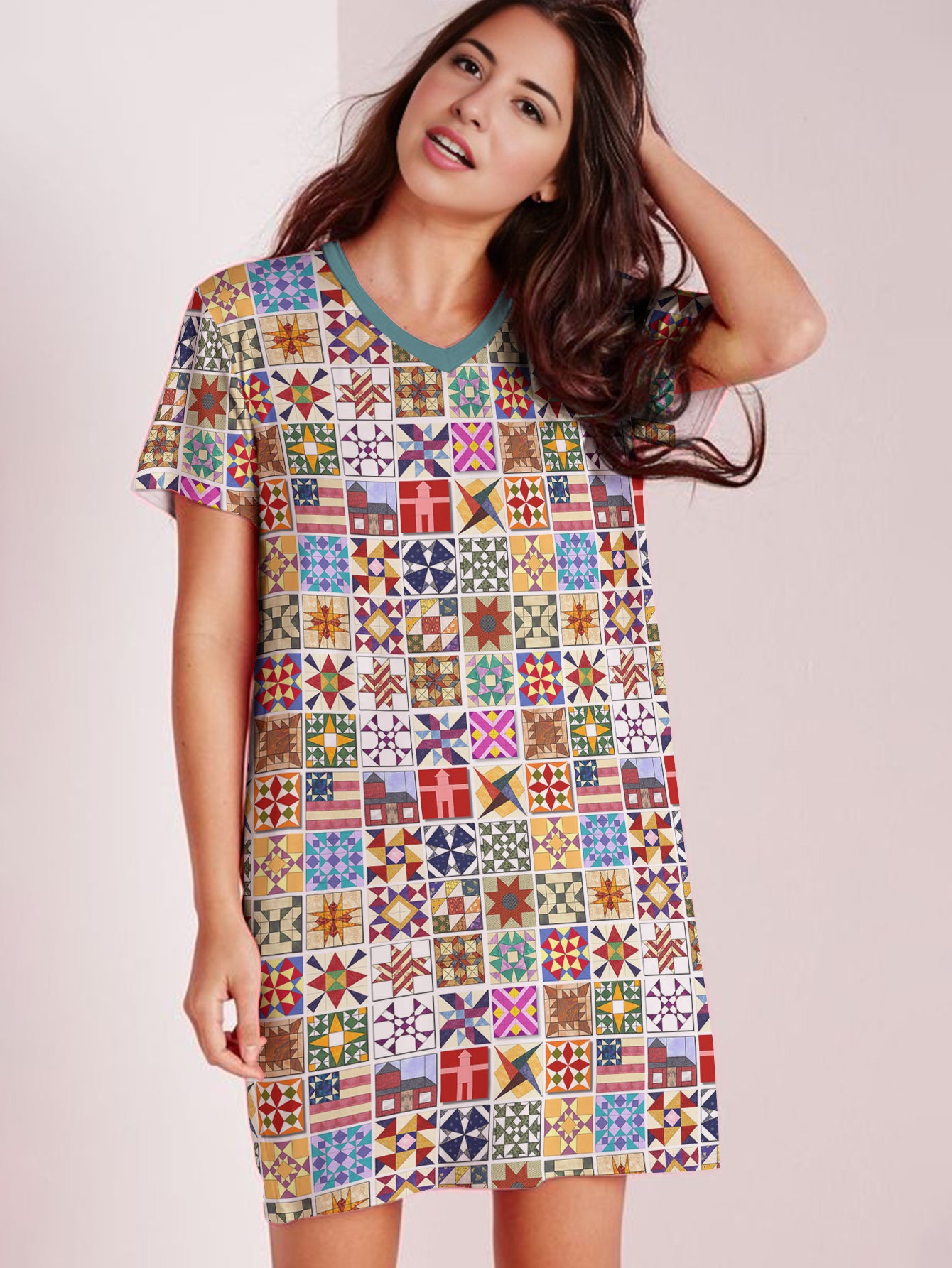 Sewing Lover V-neck Nightshirt Quilt Blocks