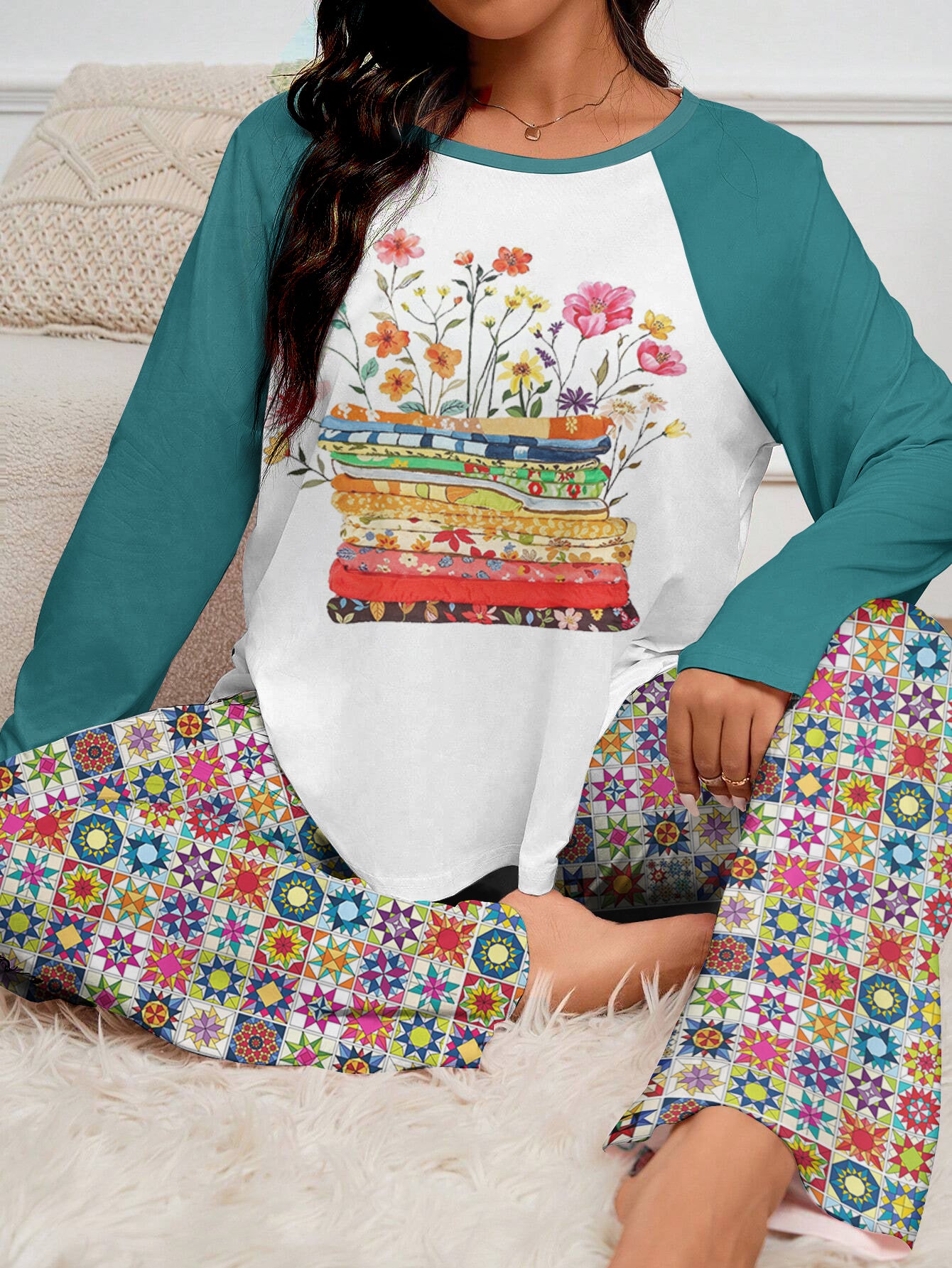 Quilting Lover Raglan Lounge Pajamas Bright Patchwork Blossoms