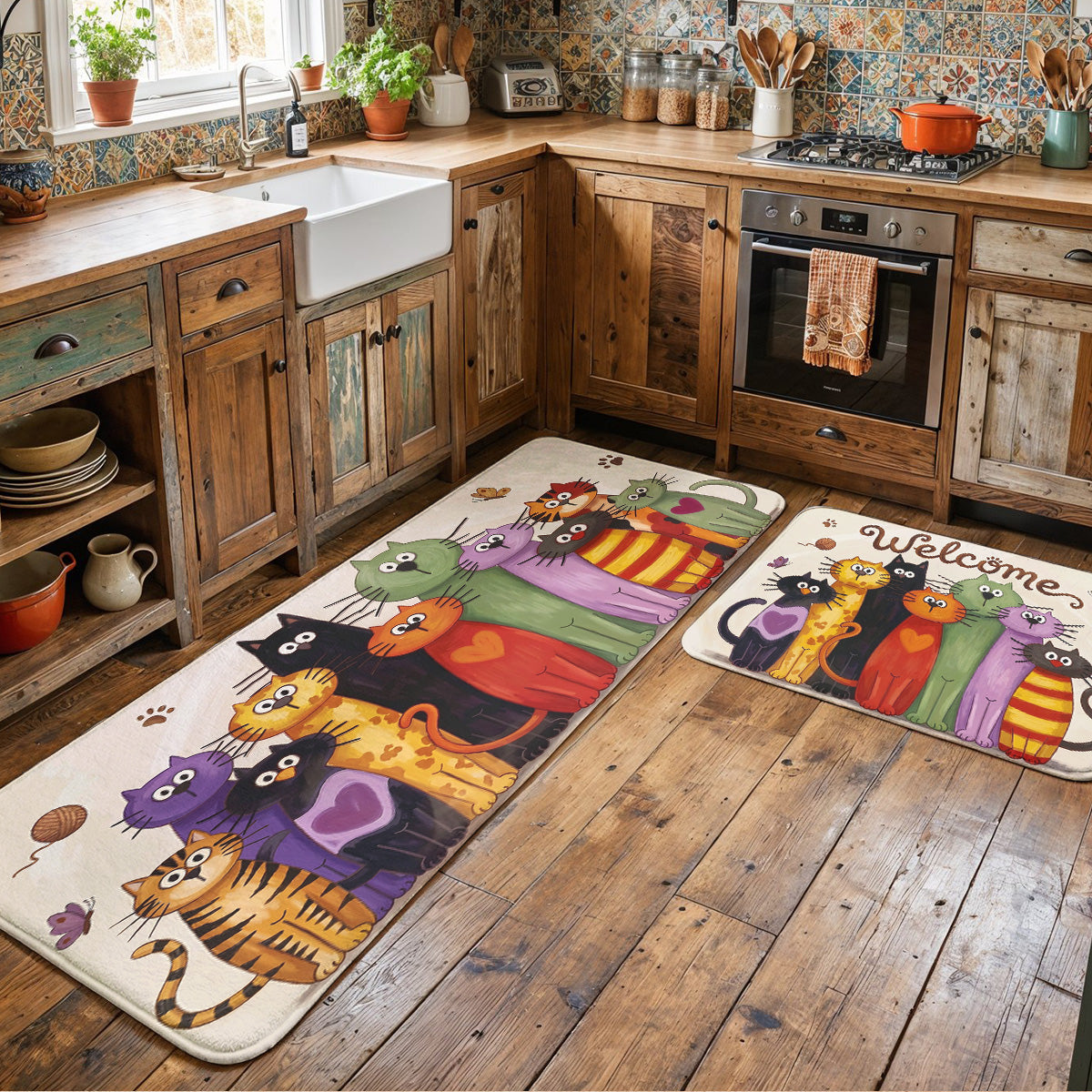 Whimsical Cat Doormat Floor Mat Runner Rug Whimsical Cat Welcome Parade