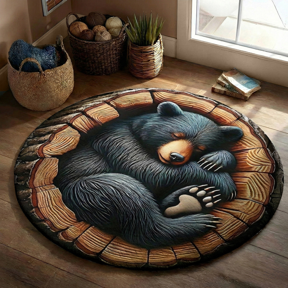 Woodland Animal Art Round Rug Bear Of Gentle Heart 3D Illusion Flat Print
