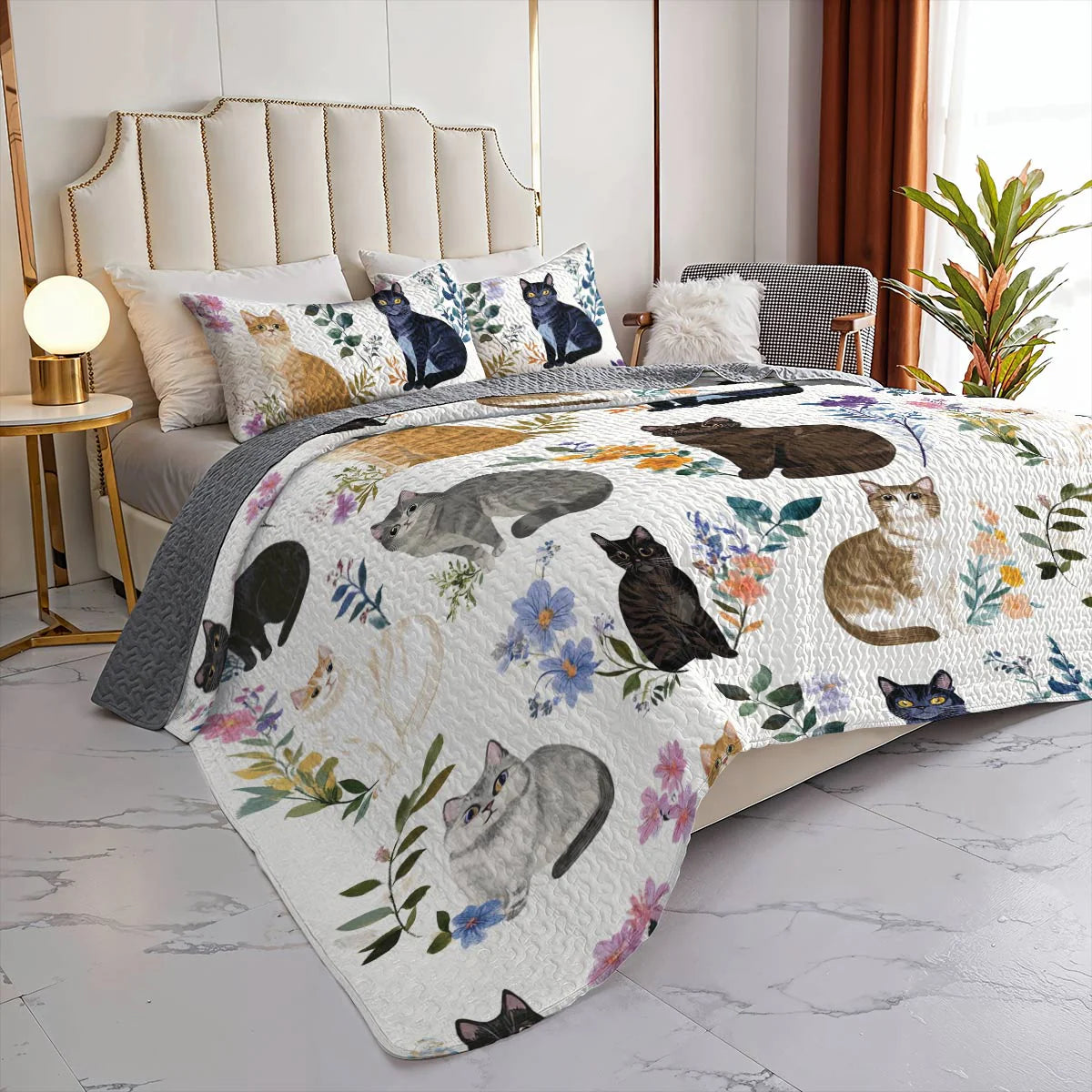 Cat All Season Quilt 3-Piece Set Charming Floral Cats