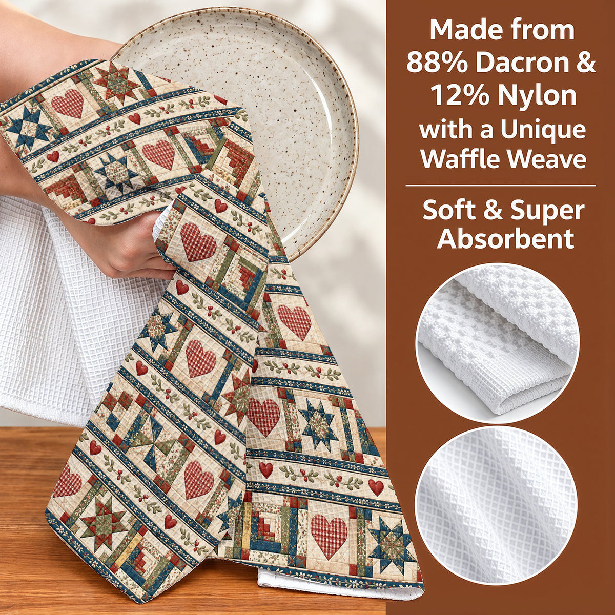 Quilting Kitchen Towel Vintage Quilted Hearts & Stars