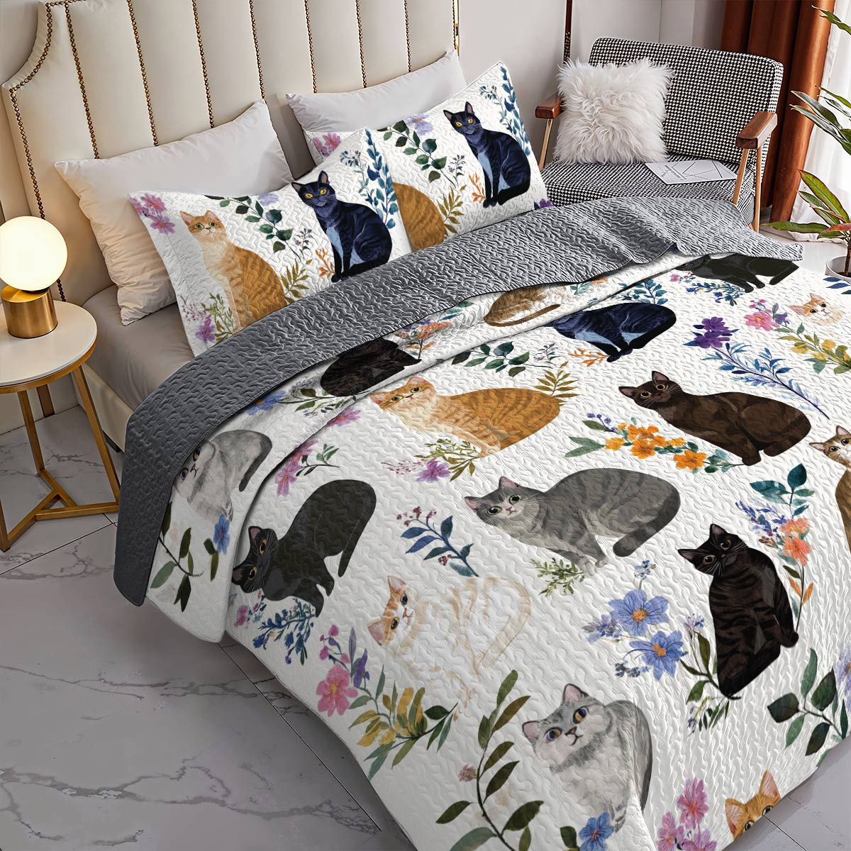 Cat All Season Quilt 3-Piece Set Charming Floral Cats