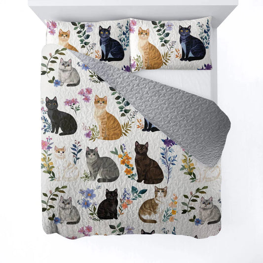 Cat All Season Quilt 3-Piece Set Charming Floral Cats