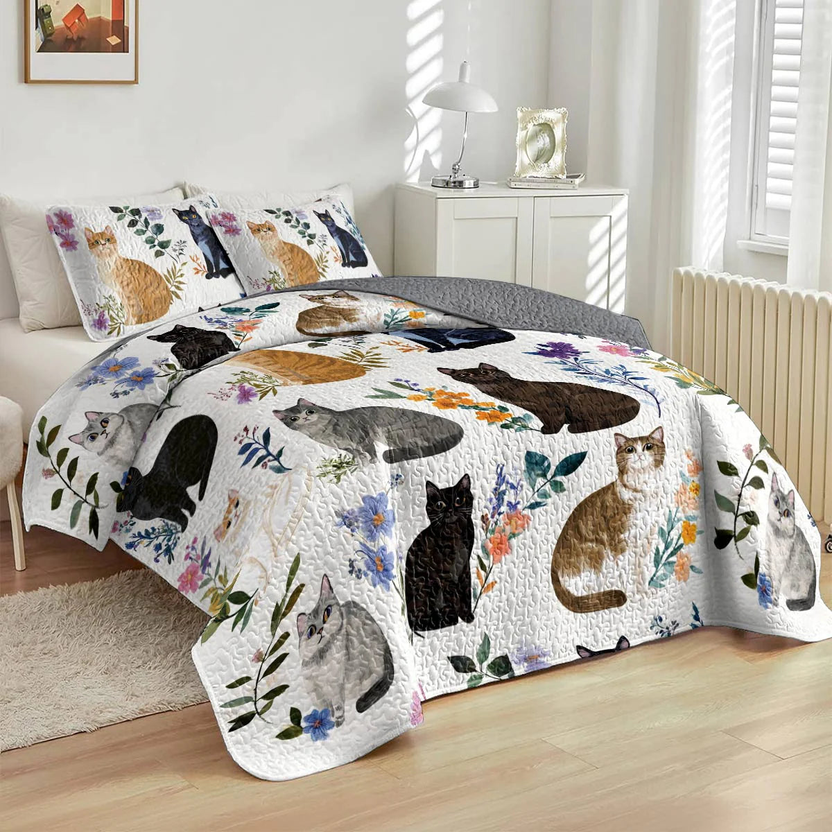 Cat All Season Quilt 3-Piece Set Charming Floral Cats
