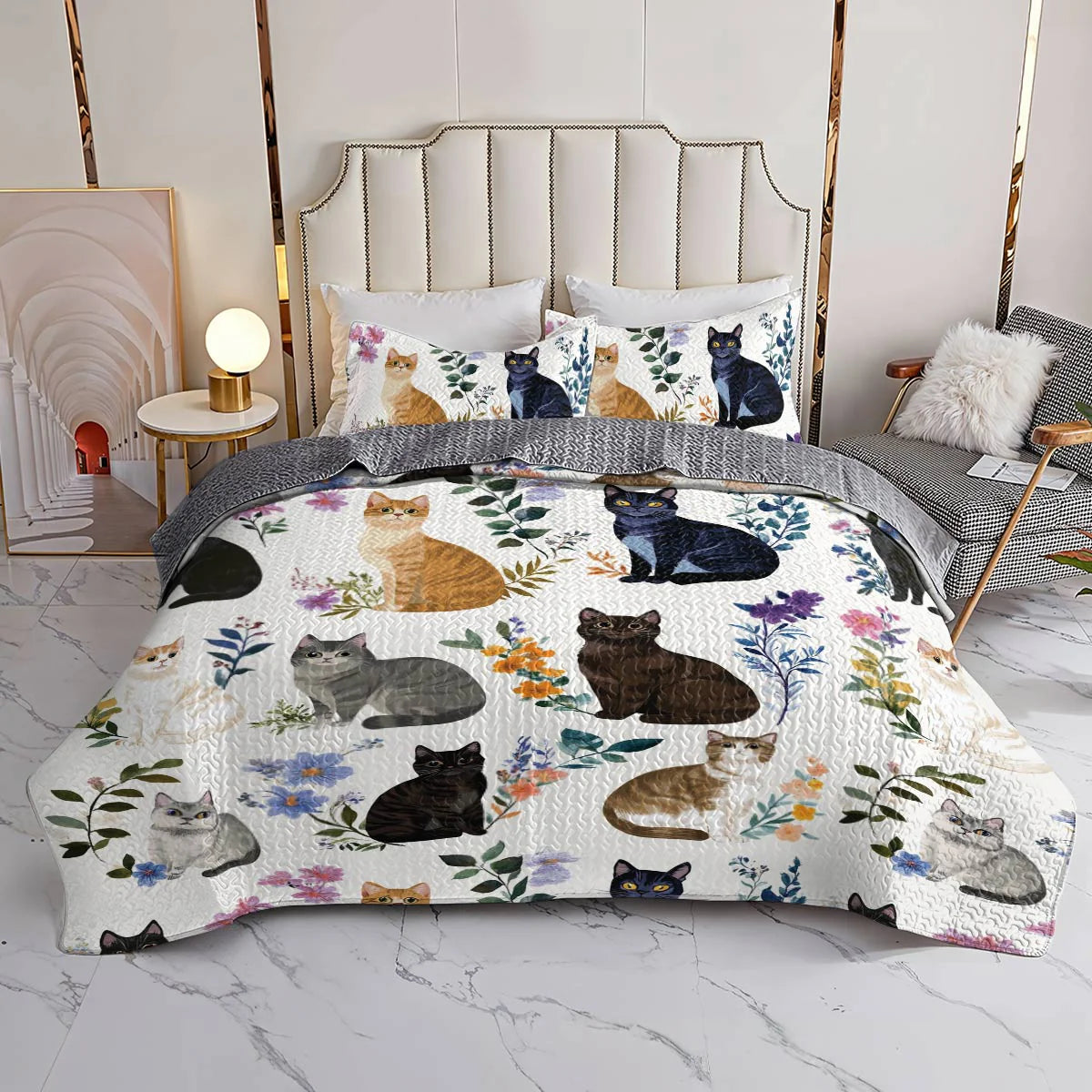 Cat All Season Quilt 3-Piece Set Charming Floral Cats