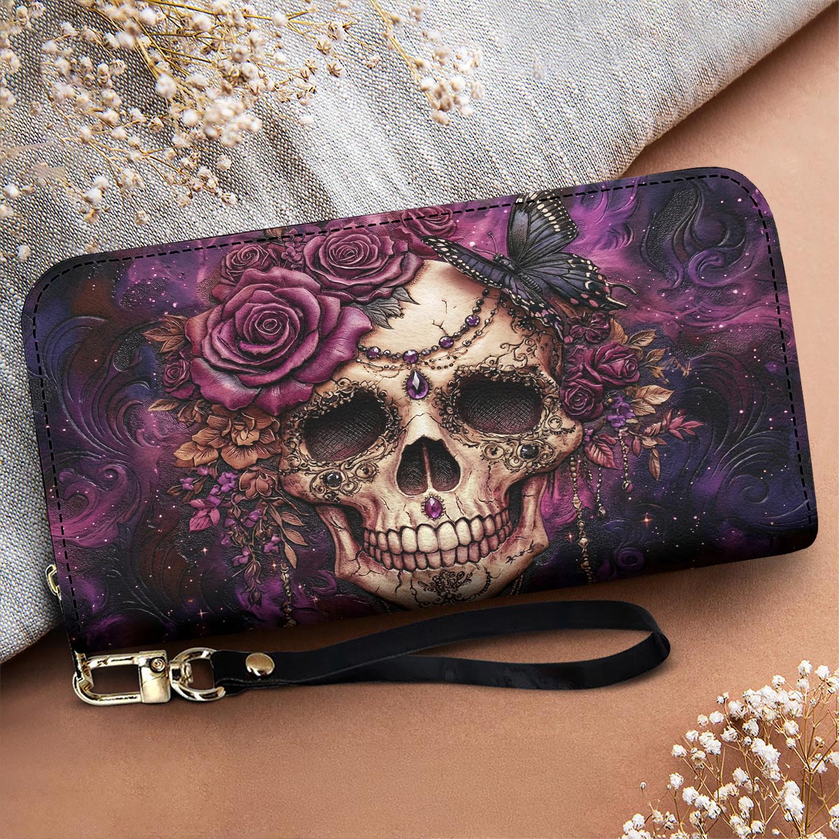 Skull Leather Wallet Midnight Bloom Violet Rose Gothic Skull
