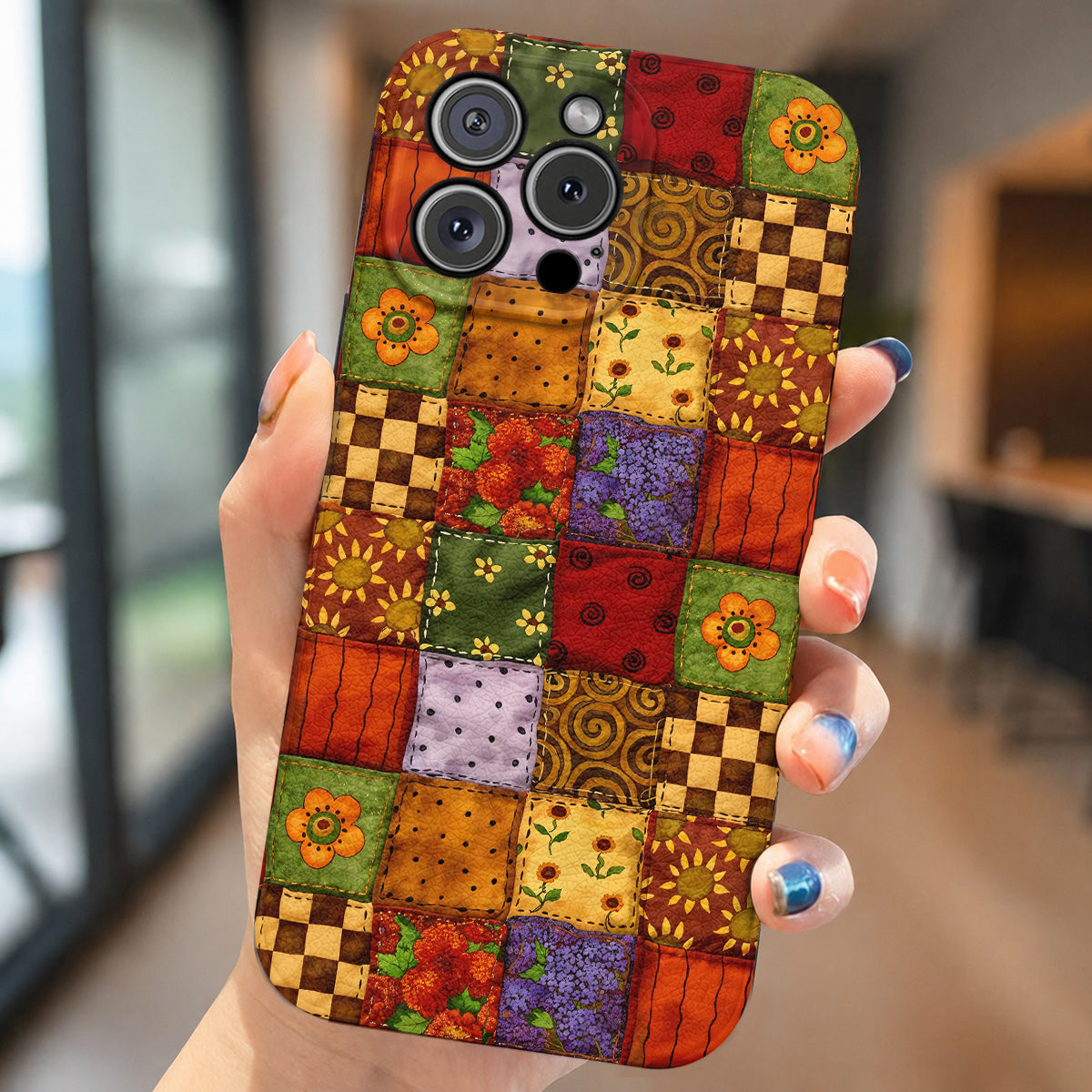 Autumn Quilt Blooms Leather Phone Case