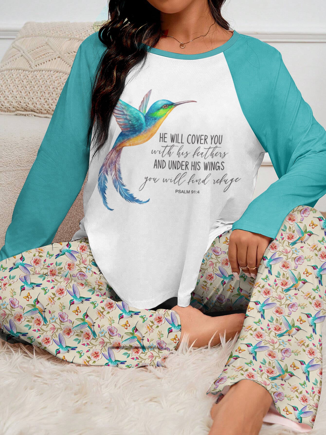 Hummingbird Raglan Lounge Pajamas He Will Cover You With His Feathers