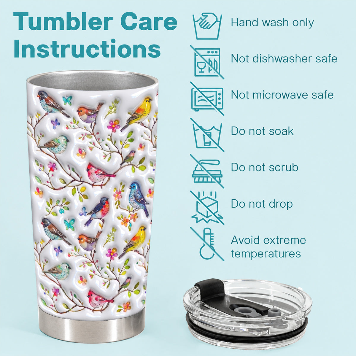Bird Lovers 20 oz Tumbler Puffy Whispering Songbirds Blossom Haven
