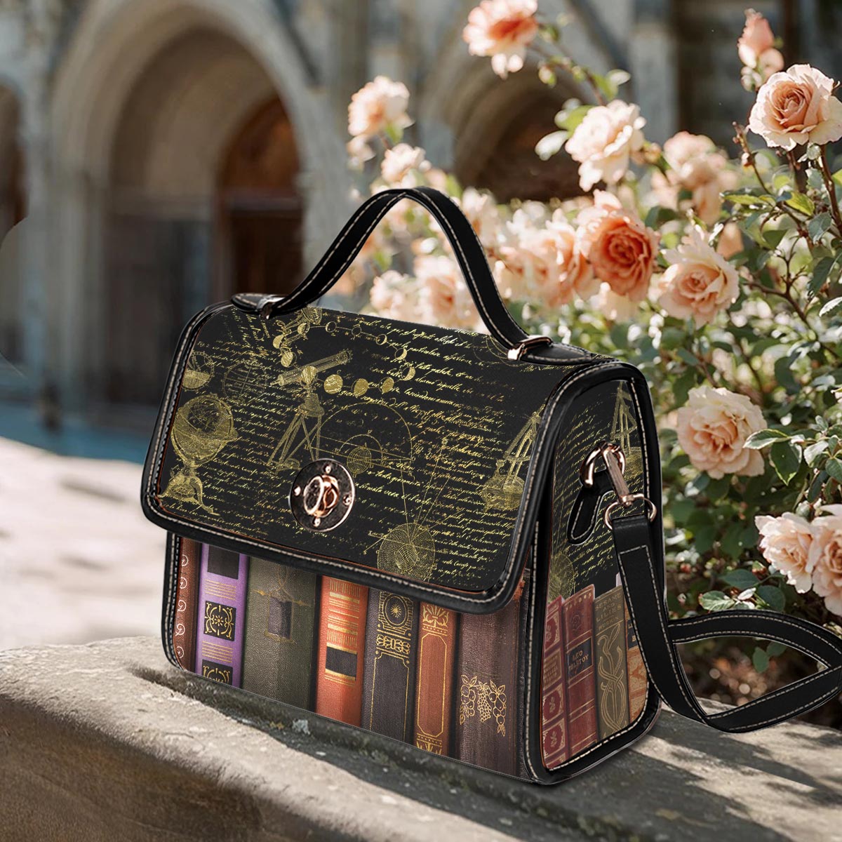Book Satchel Handbag Old Books Galileo Manuscript Black