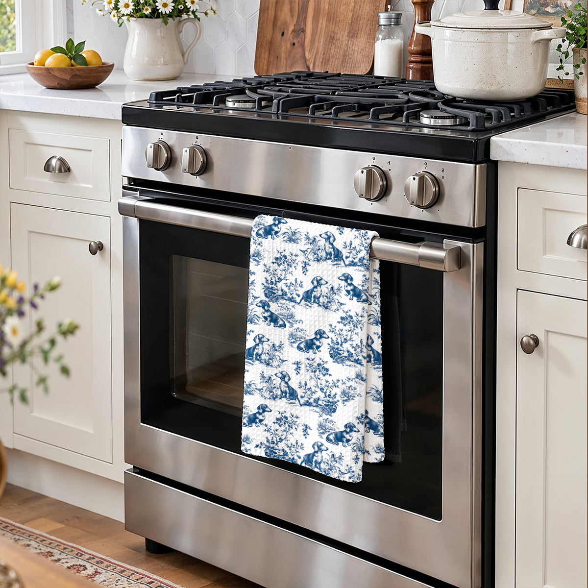 Dachshund Lovers Kitchen Towel Blue Toile Dachshund Garden