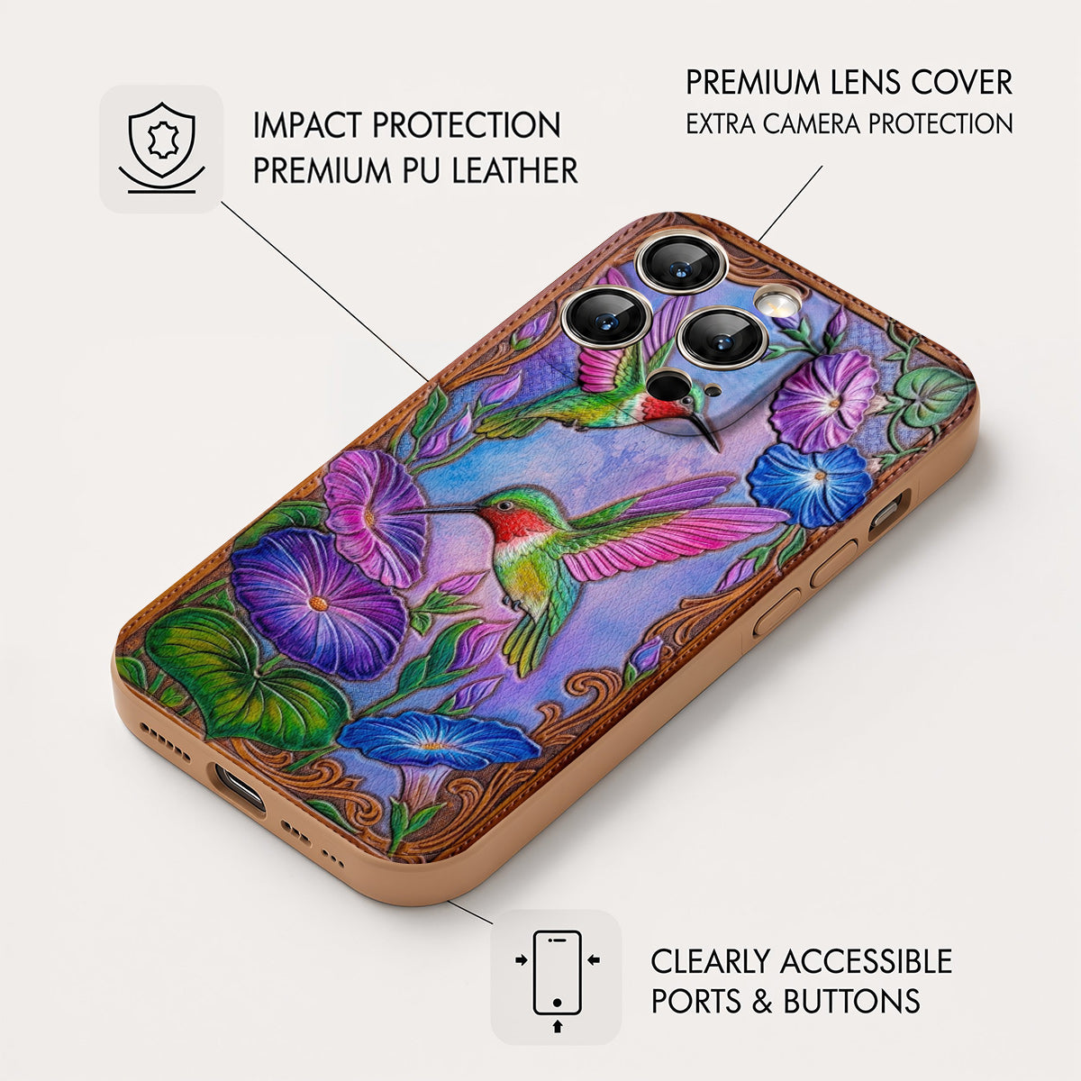 Garden Birds Leather Phone Case Morning Glory Hummingbird Harmony - Brown