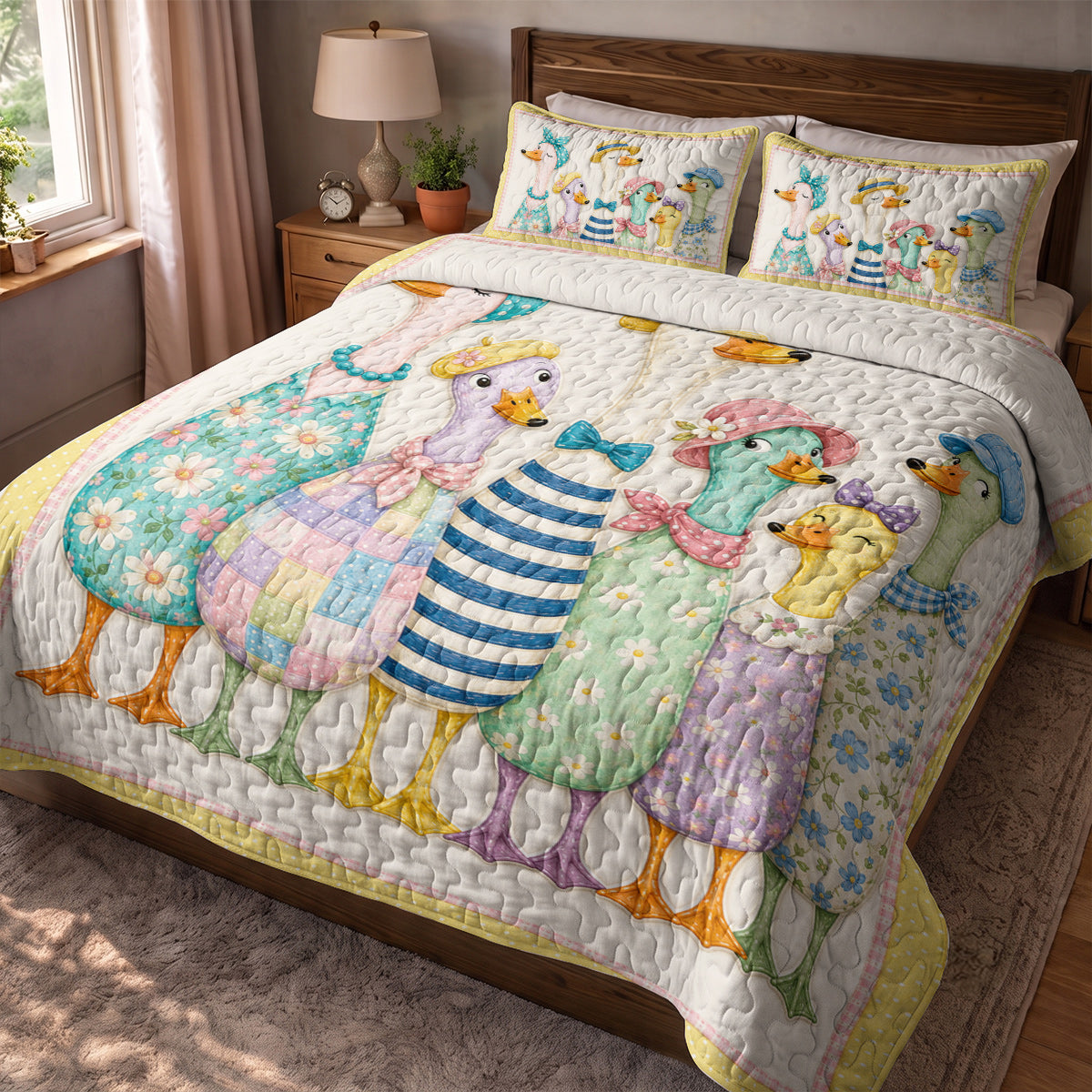 Duck Quilted Blanket Whimsical Duckling Parade