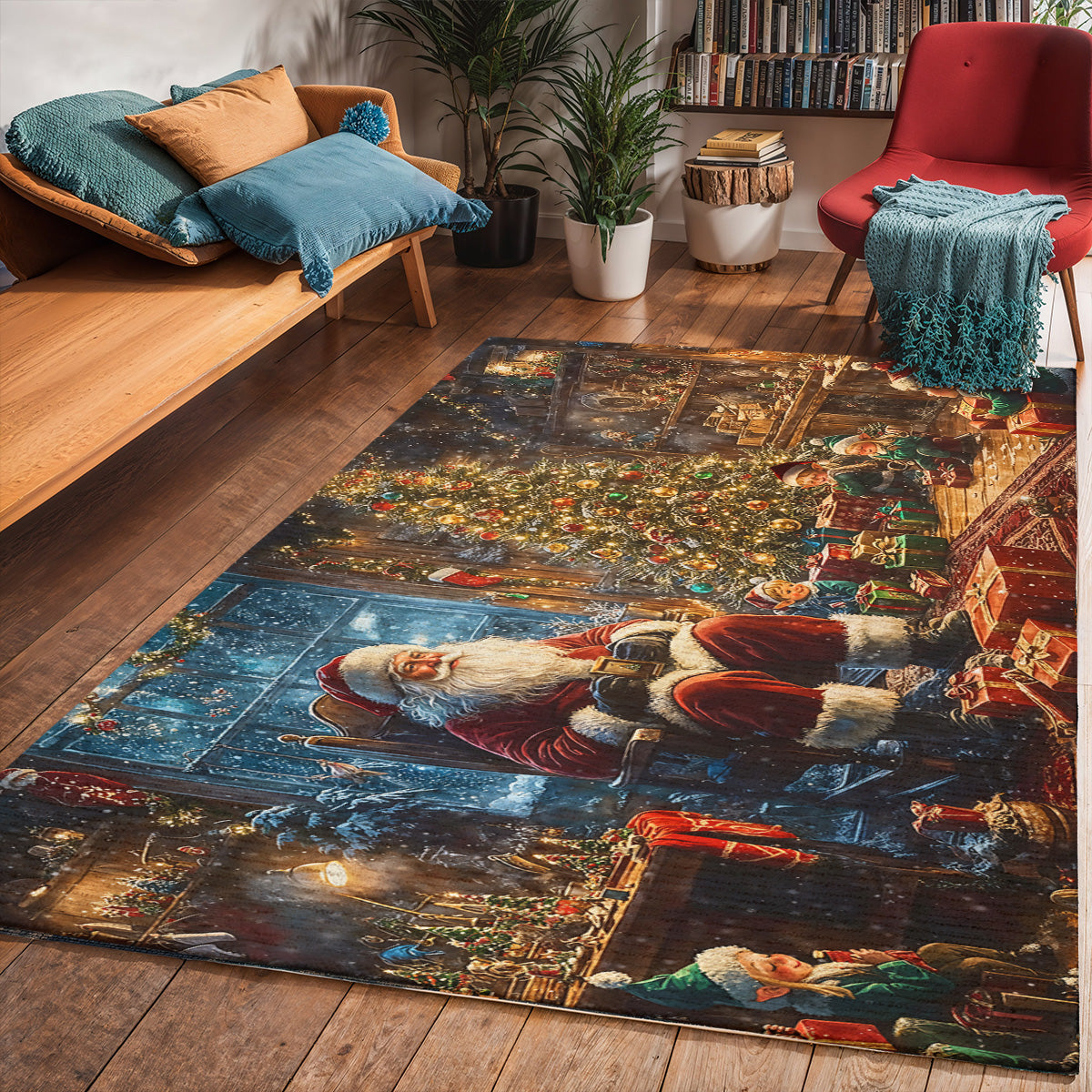 Christmas Area Rug Santa’s Cozy Workshop A Magical Christmas Eve with Elves and Gifts