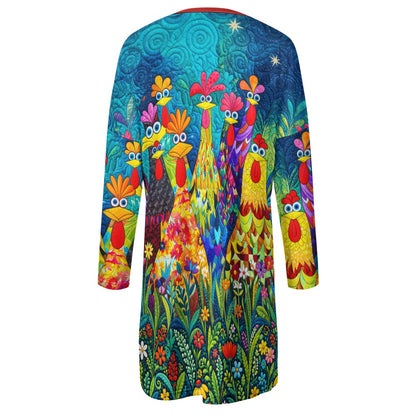 Chicken Long Sleeve Tunic With Pockets Colorful Chicken Garden