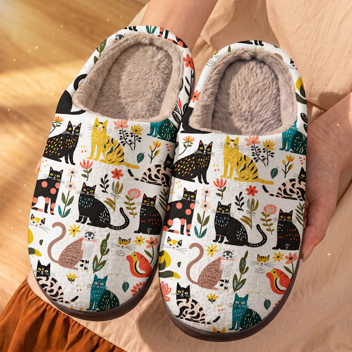 Cat Fleece Lined Slippers Whimsical Cats