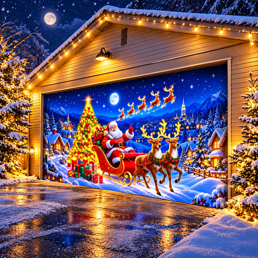 Christmas Garage Door Banner Decoration – Santa’s Moonlit Sleigh Ride