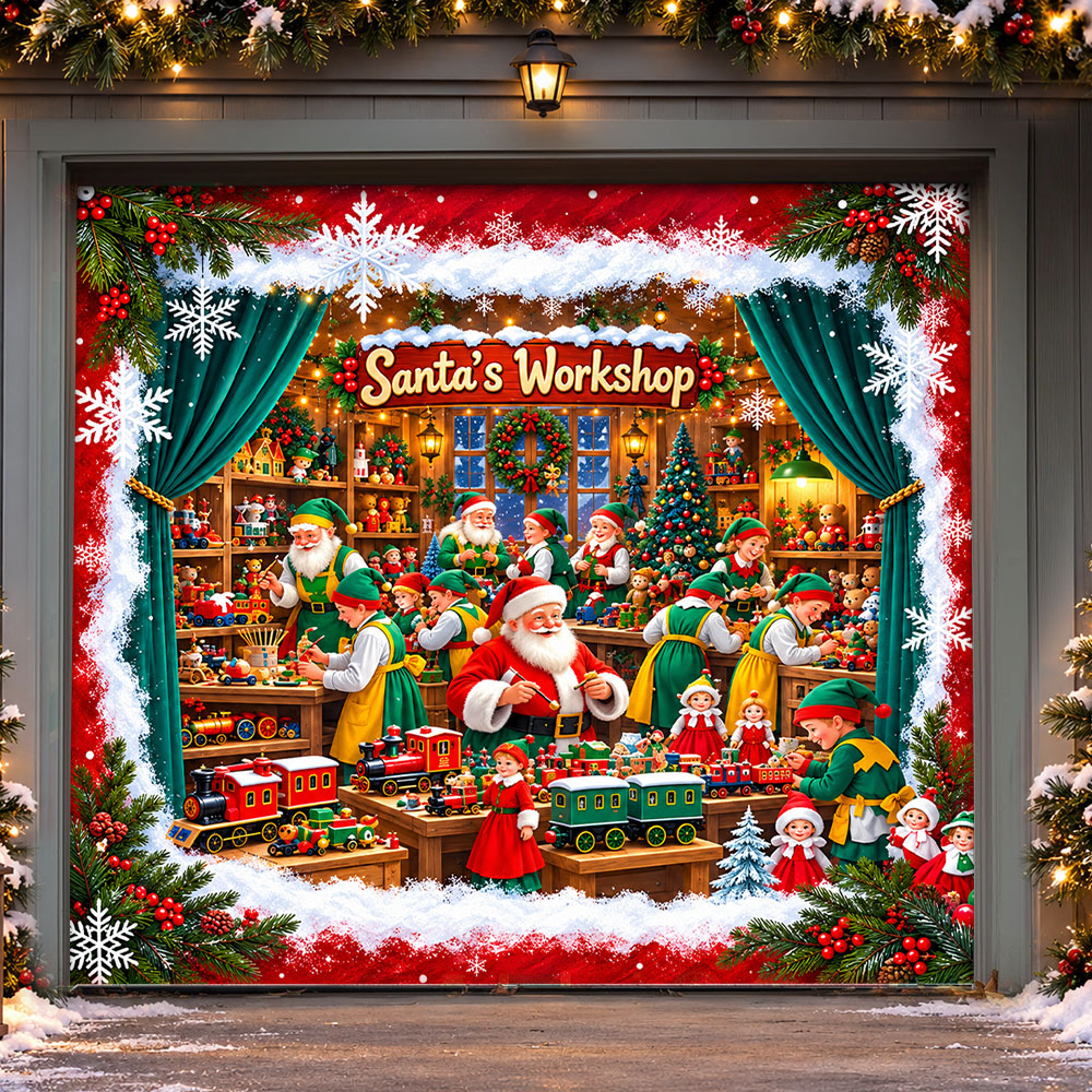 Christmas Garage Door Banner Decoration – Santa’s Magical Toy Workshop