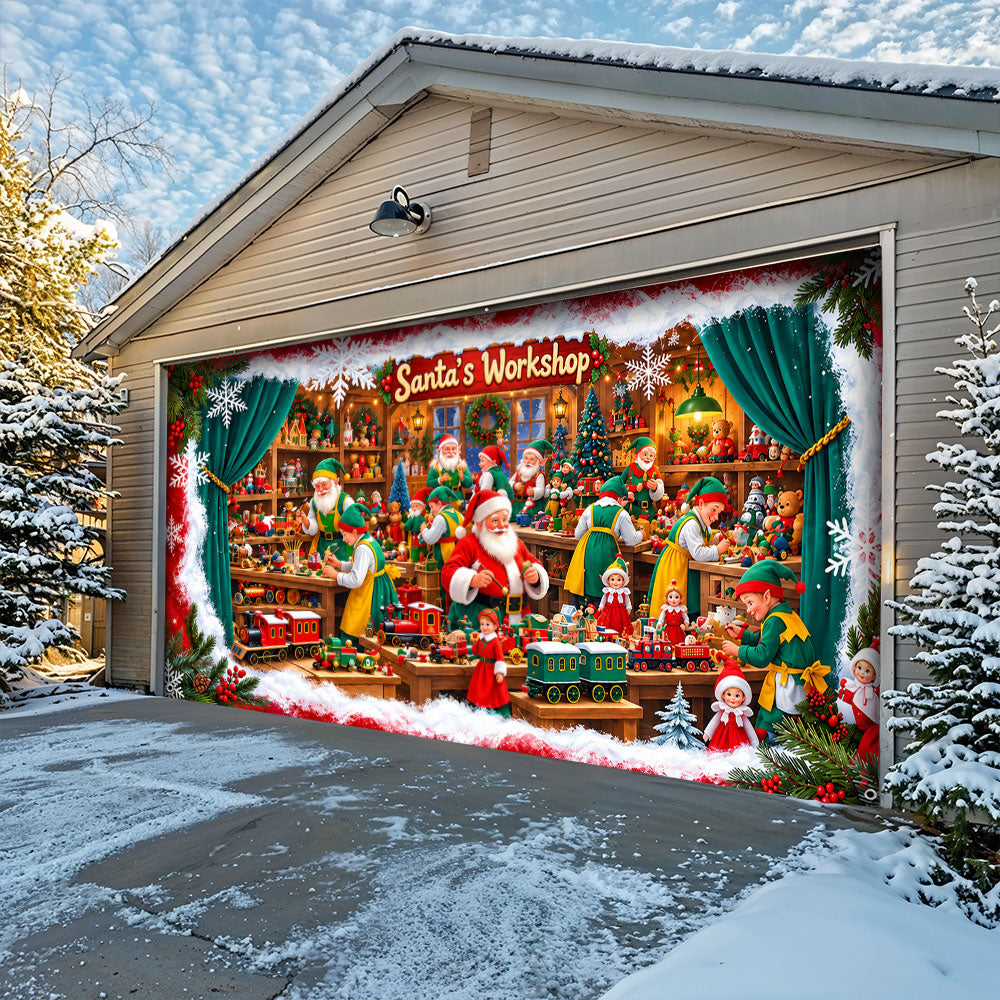 Christmas Garage Door Banner Decoration – Santa’s Magical Toy Workshop