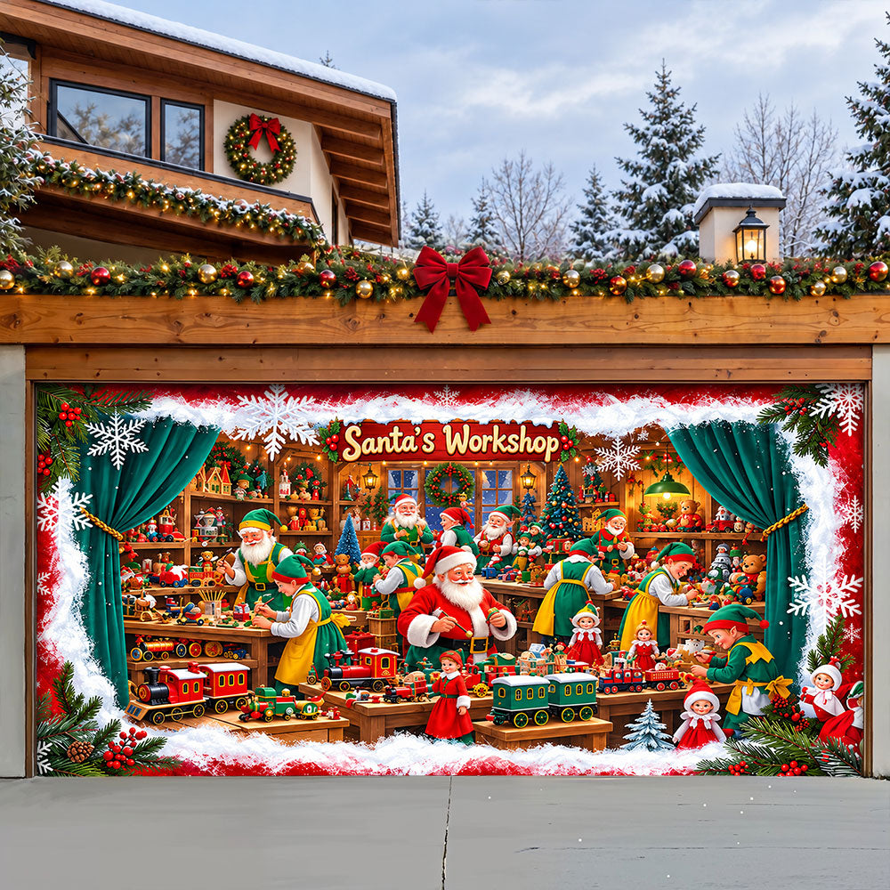Christmas Garage Door Banner Decoration – Santa’s Magical Toy Workshop