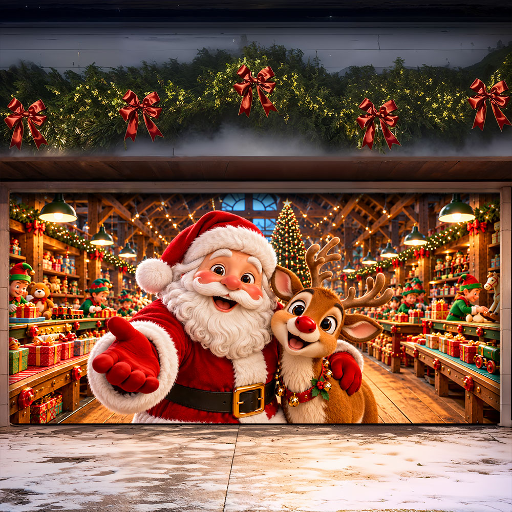 Christmas Garage Door Banner Decoration – Santa's Magical Toy Factory