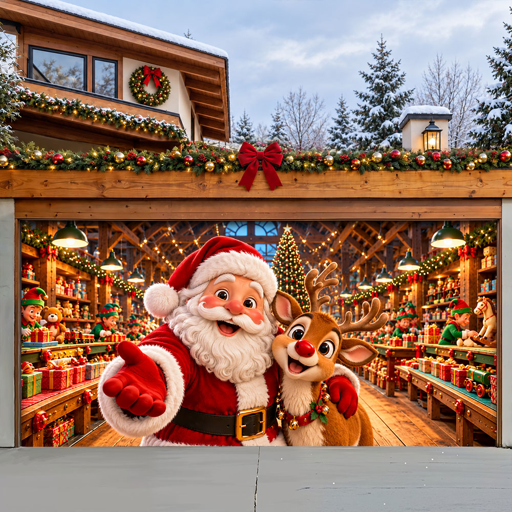 Christmas Garage Door Banner Decoration – Santa's Magical Toy Factory