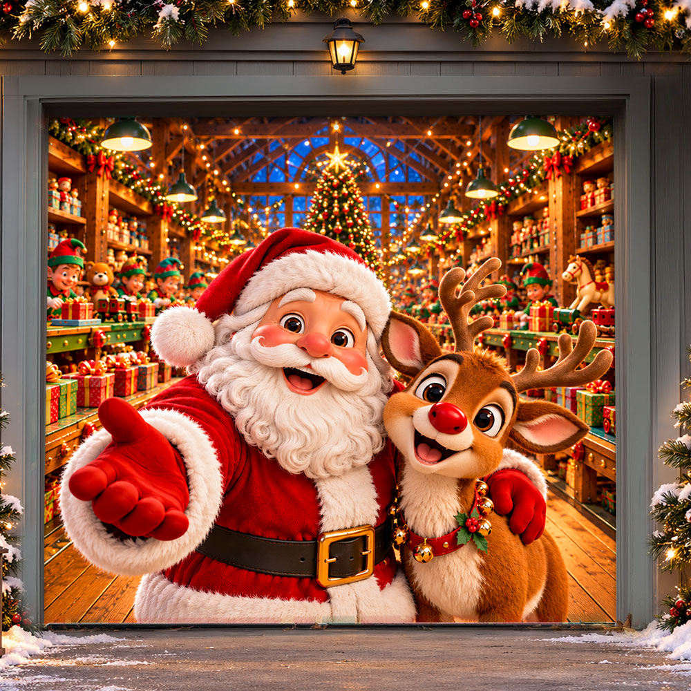 Christmas Garage Door Banner Decoration – Santa's Magical Toy Factory