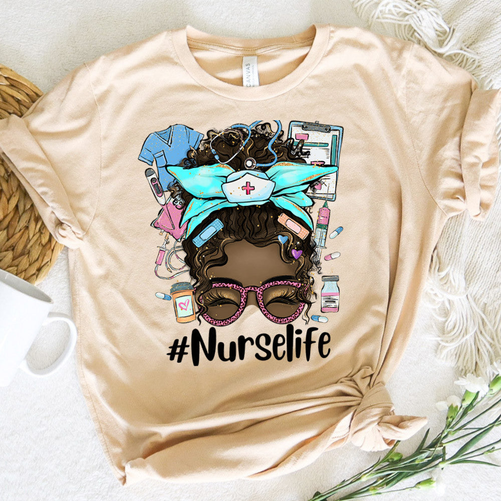 Nurse Graphic Tee Nurse Life Messy Bun Hair Black Girl