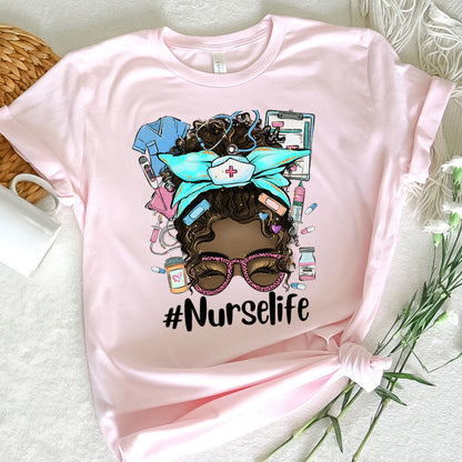 Nurse Graphic Tee Nurse Life Messy Bun Hair Black Girl