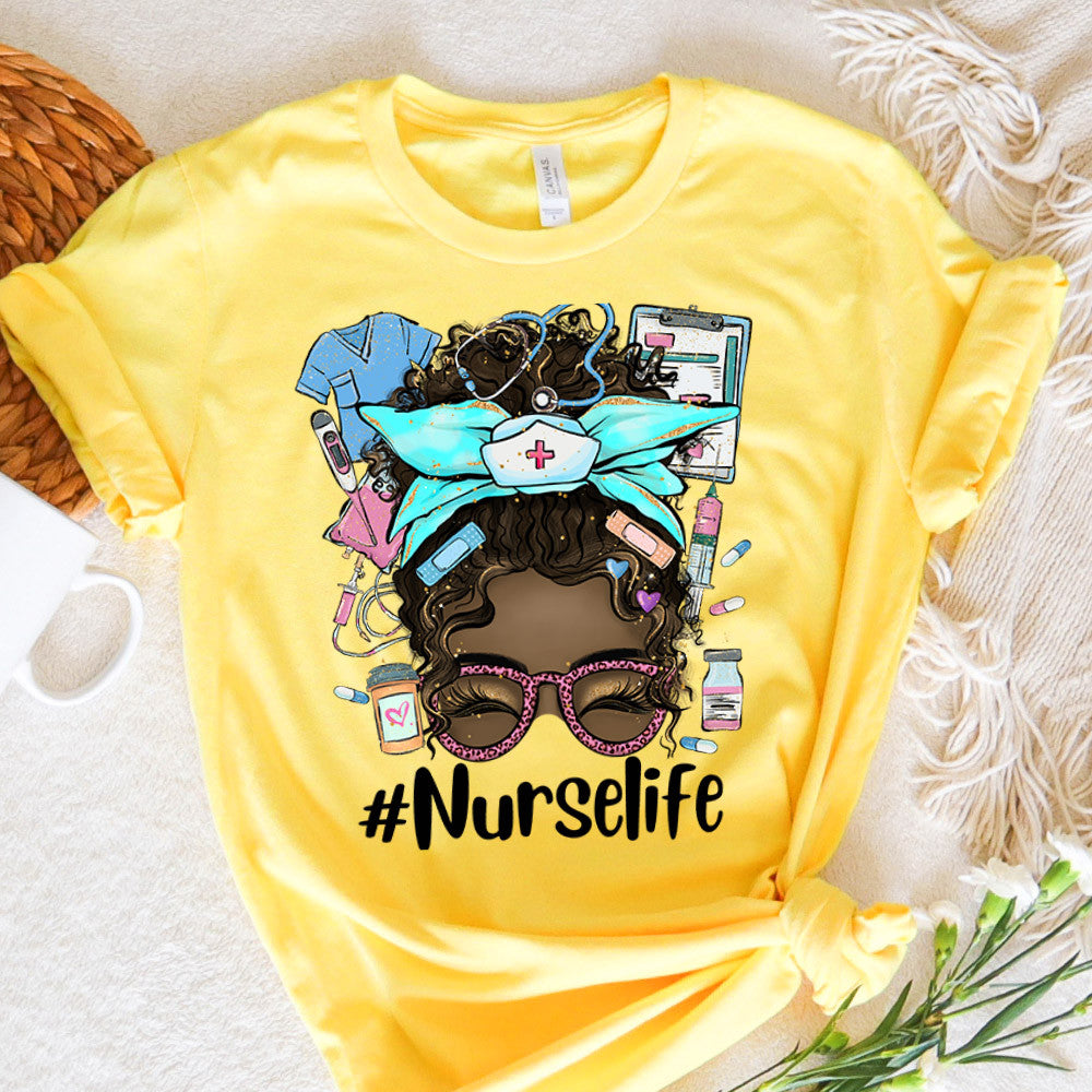 Nurse Graphic Tee Nurse Life Messy Bun Hair Black Girl