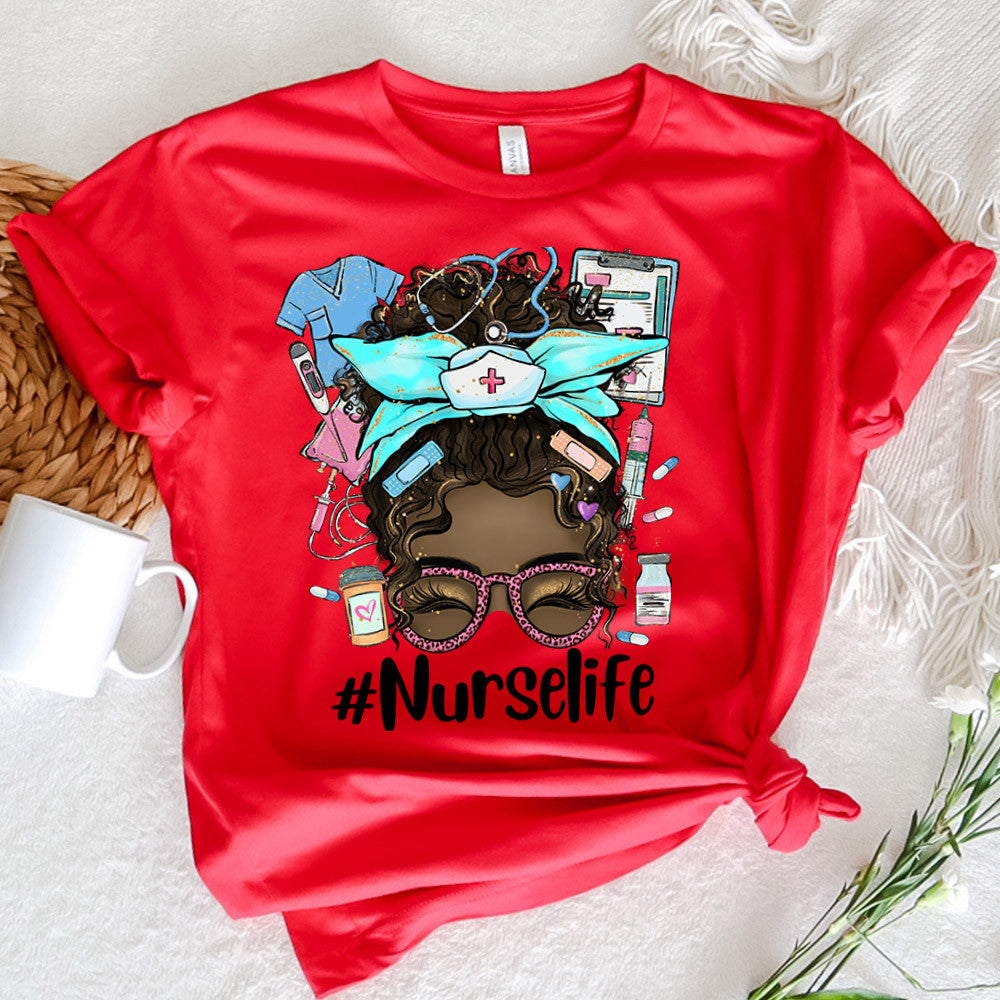 Nurse Graphic Tee Nurse Life Messy Bun Hair Black Girl