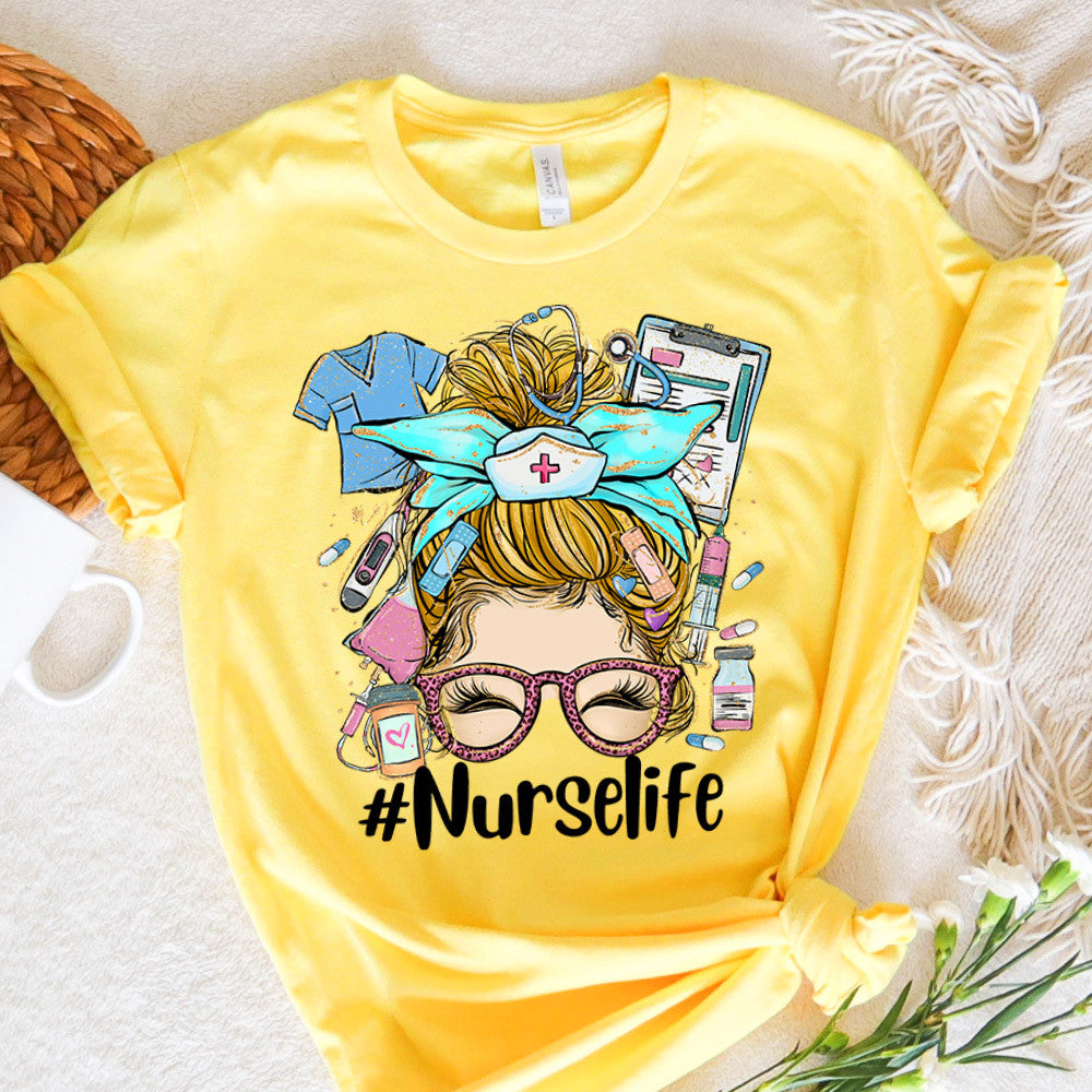 Nurse Graphic Tee Nurse Life Messy Bun Blond Hair Girl