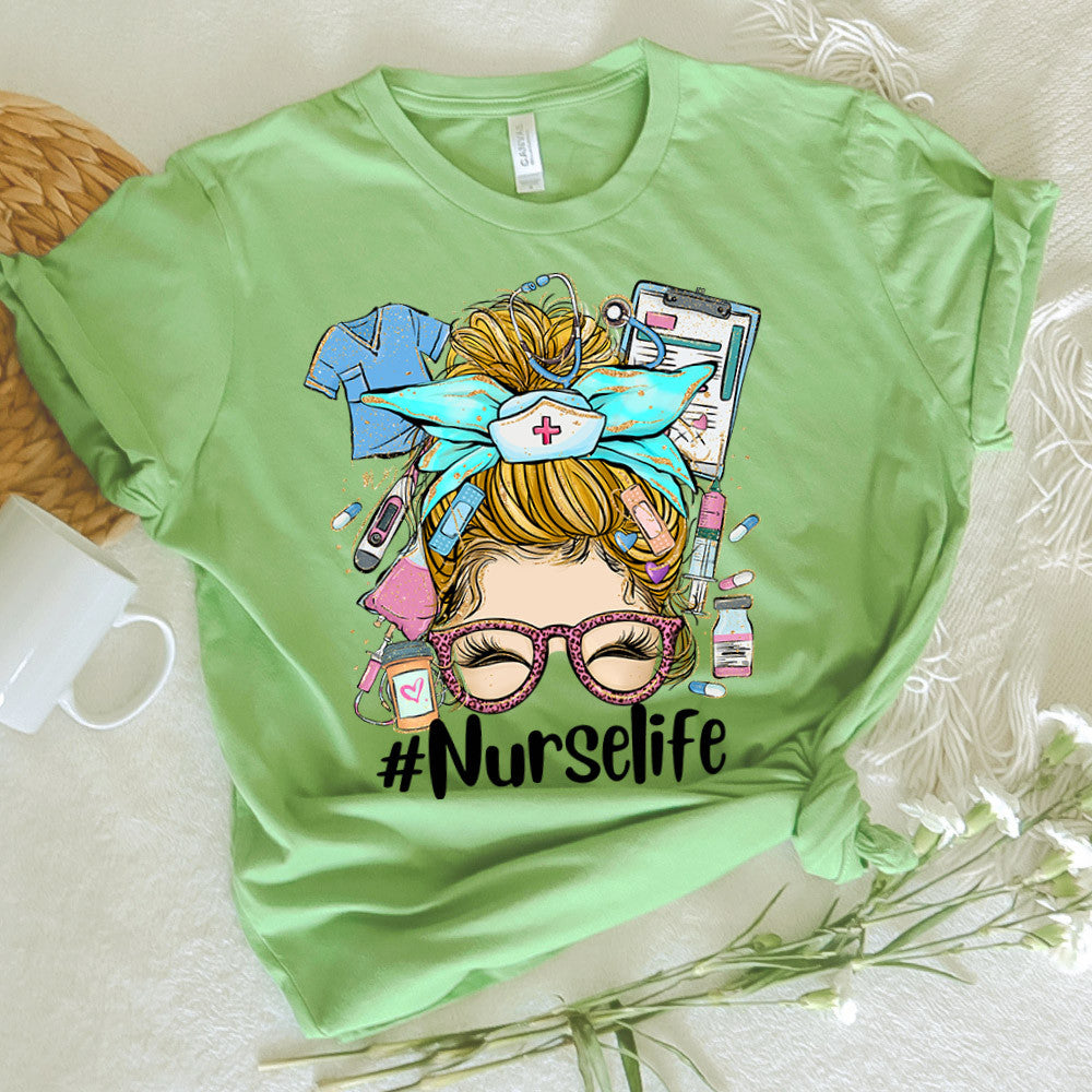 Nurse Graphic Tee Nurse Life Messy Bun Blond Hair Girl