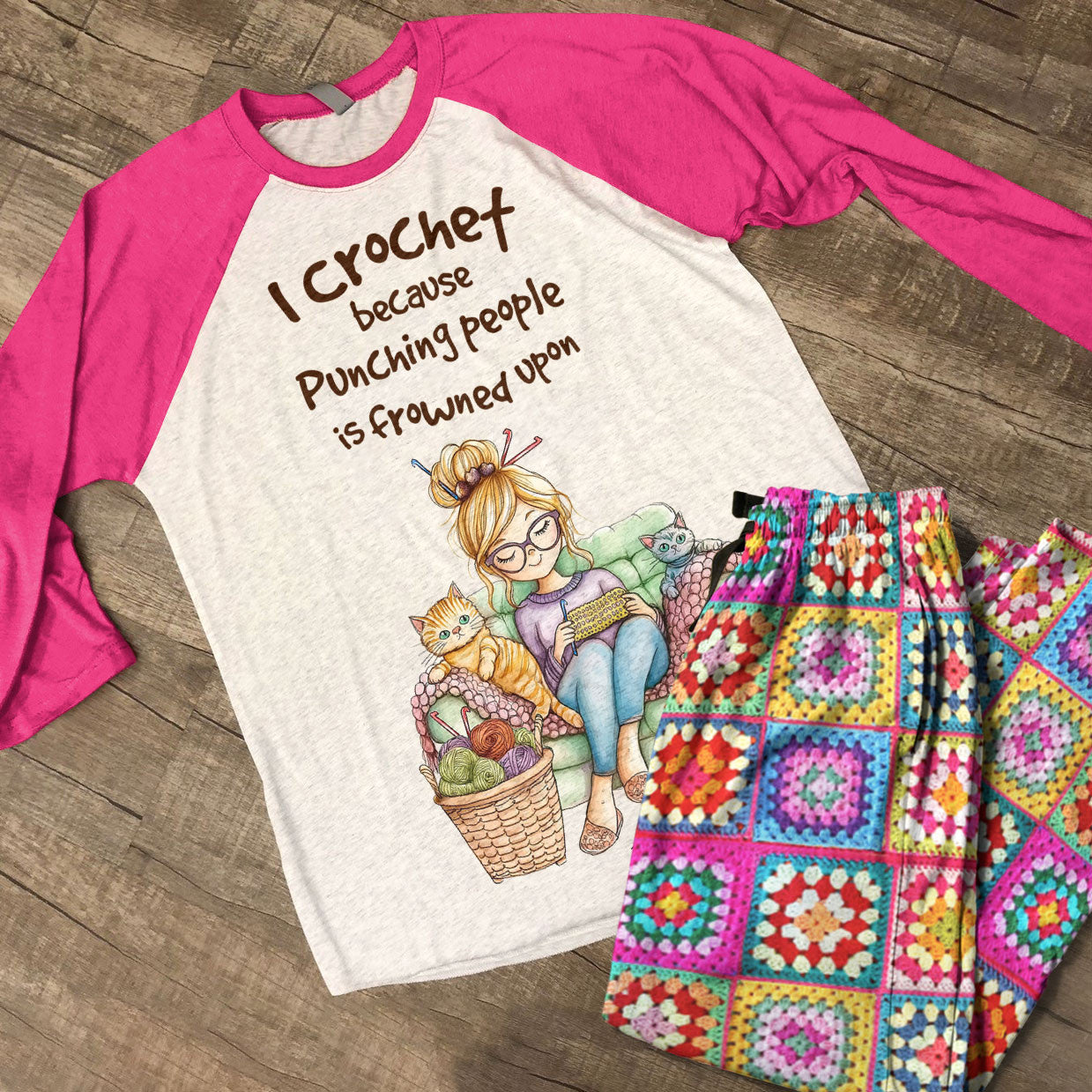 Crochet Lover Raglan Lounge Pajamas I Crochet Because Punching People Is Frowned Upon