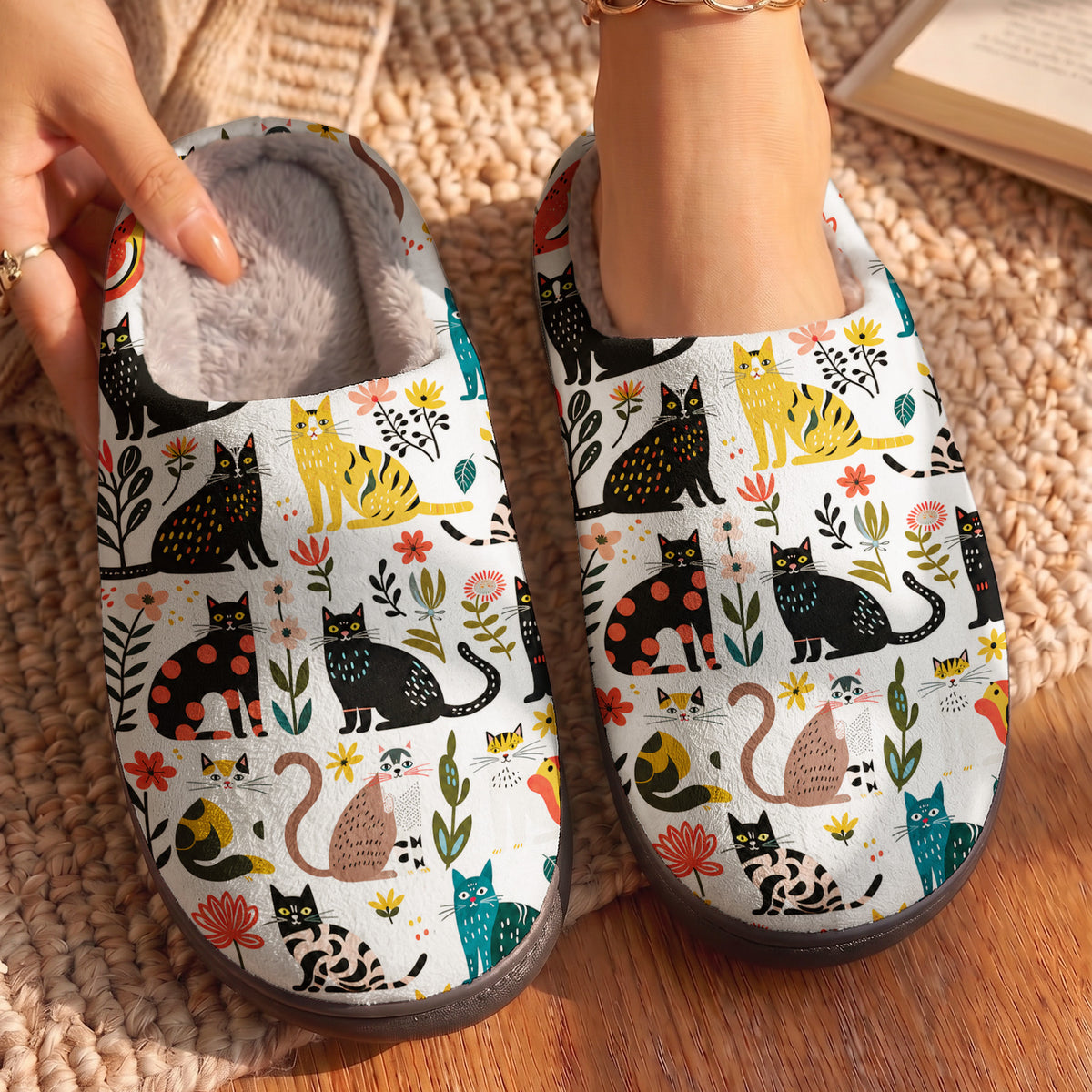 Cat Fleece Lined Slippers Whimsical Cats